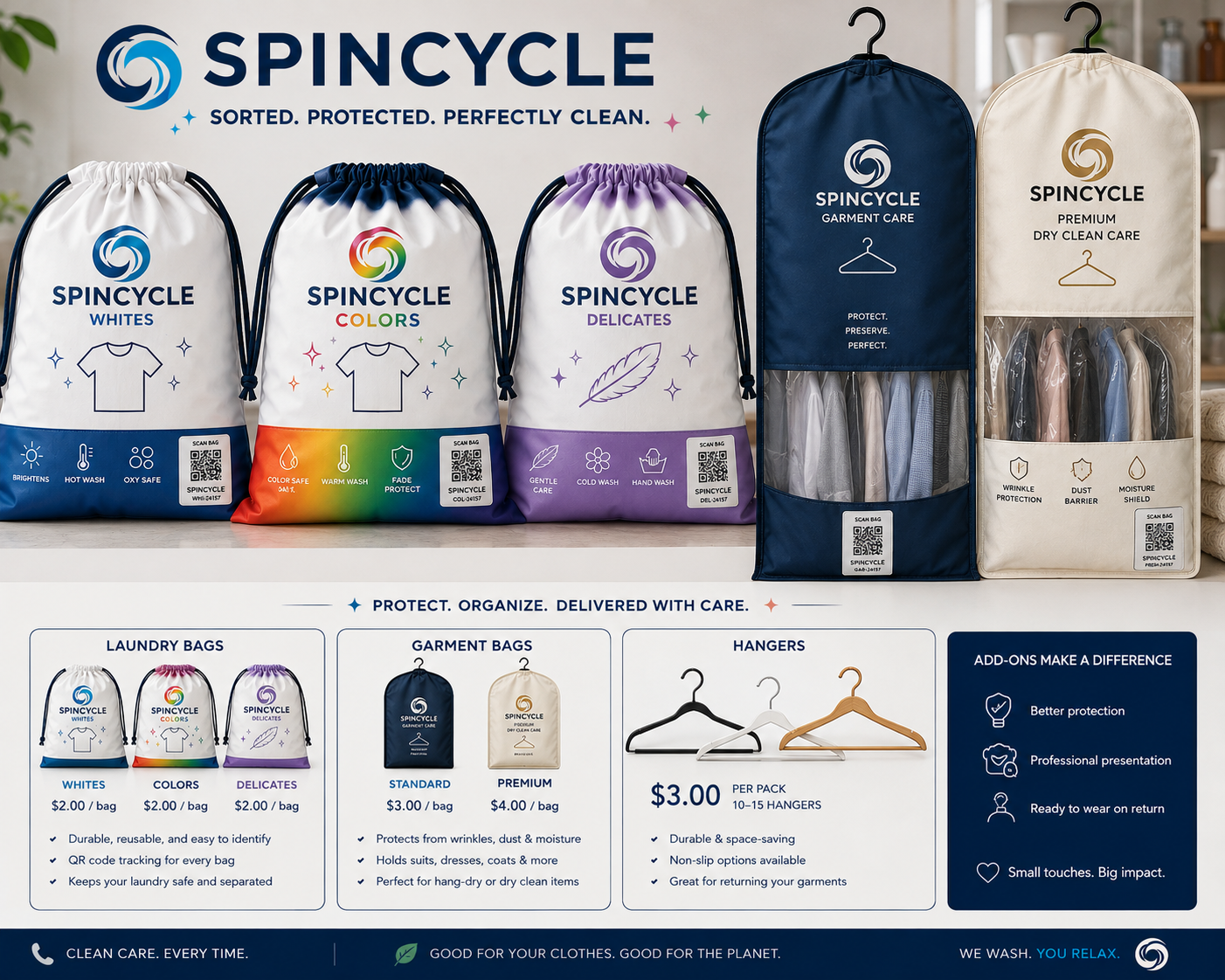 SpinCycle supplies — Whites, Colors and Delicates laundry bags, standard and premium garment bags, and hanger packs with prices